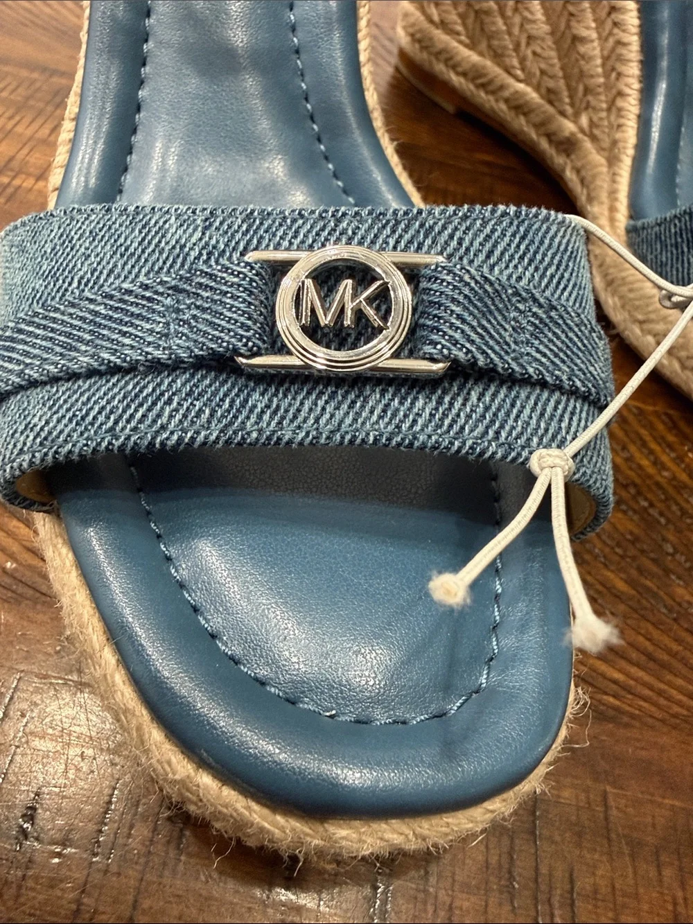 Michael Kors Mandy Denim Blue Espadrille Wedge Sandals with Ankle Wrap